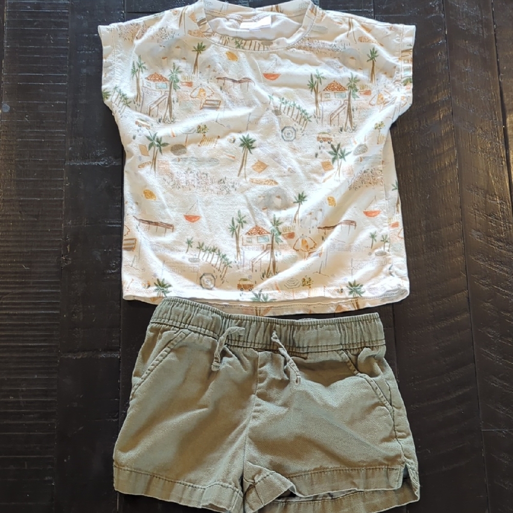 Beach Print Tee and Olive Shorts Set